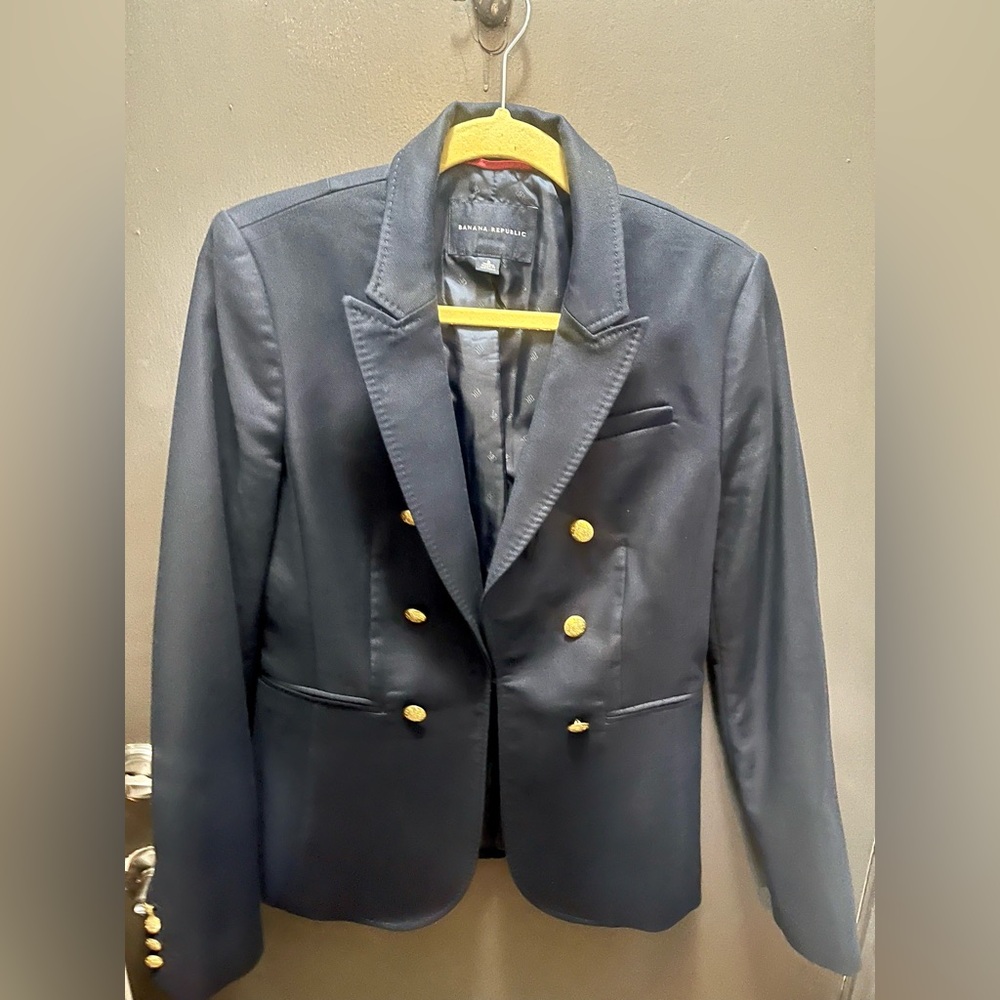 Banana Republic Dark Blue Suit Jacket with Gold Buttons and Front Clasp Closure
